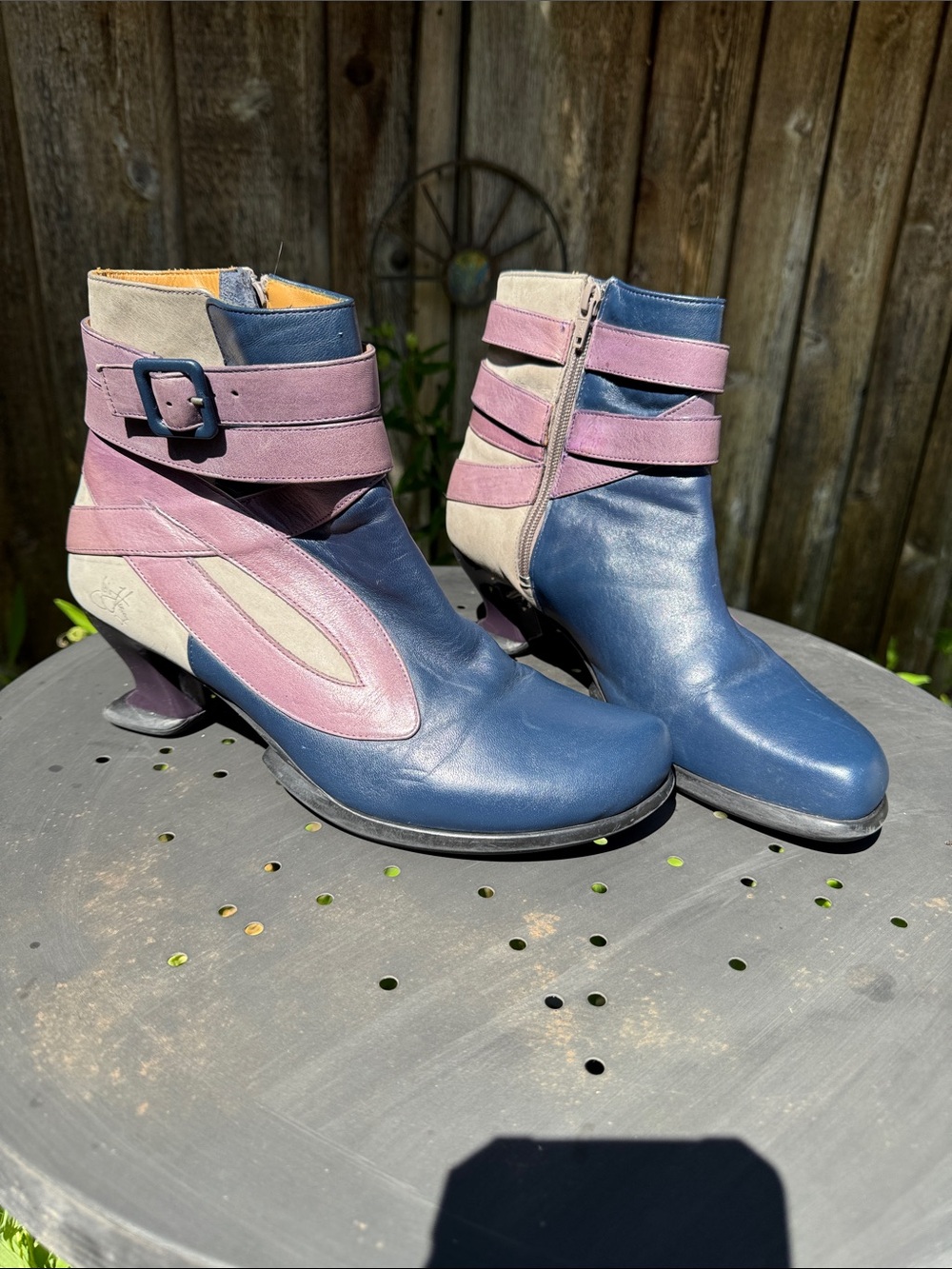 John Fluevog Asante Wearever Navy and Mauve Leather Ankle Boots